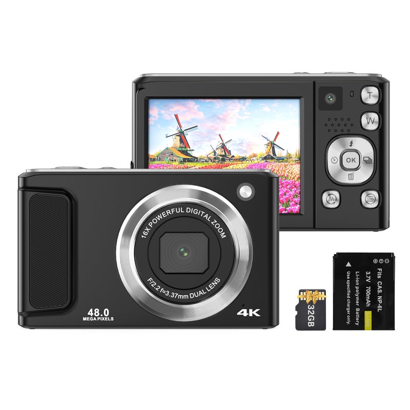 4K Digital Camera Digital Video Camera 48MP Dual Lens 2.8 Inch IPS Screen Auto Focus 16X Digital Zoom Built-in Flash Battery with 32GB TF Card Birthday Festival Gift for Kids Students Teenagers - Image 1