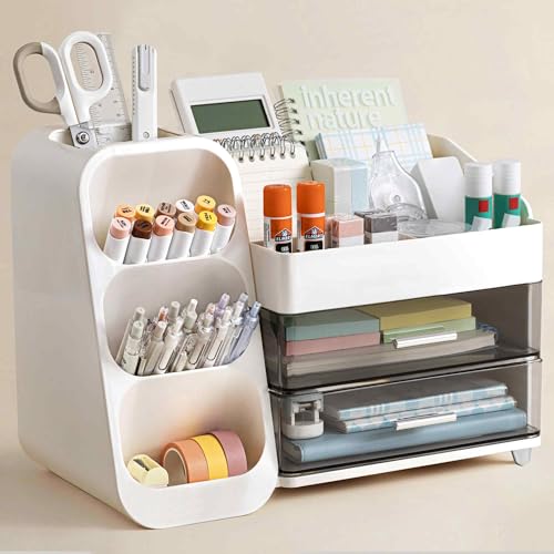 HBlife Desk Organizer with Pen Pencil Holder for Desk Pen Organizer with 2 Drawers Desk Organizers and Accessories with 4 Compartments Desktop Storage for Office Home School Art Supplies White - Image 1
