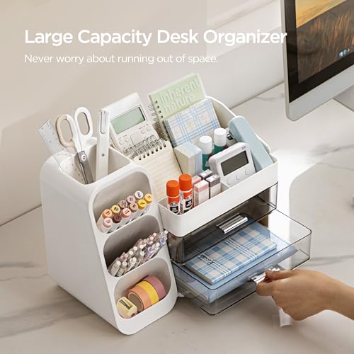 HBlife Desk Organizer with Pen Pencil Holder for Desk Pen Organizer with 2 Drawers Desk Organizers and Accessories with 4 Compartments Desktop Storage for Office Home School Art Supplies White - Image 3
