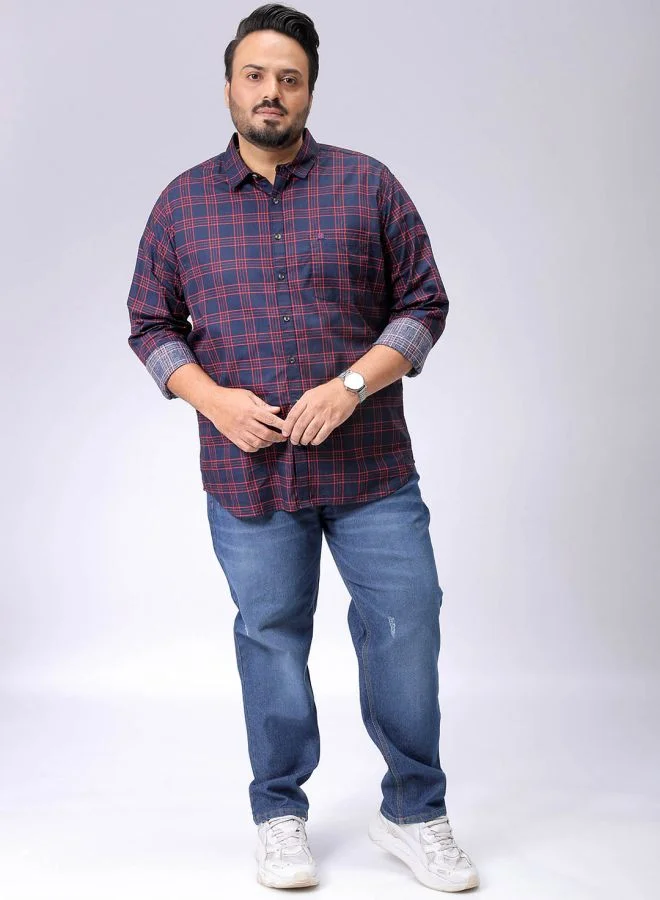 HARDSODA Men Plus Size Regular Fit Checkered Cutaway Collar Full Sleeves Casual Shirt