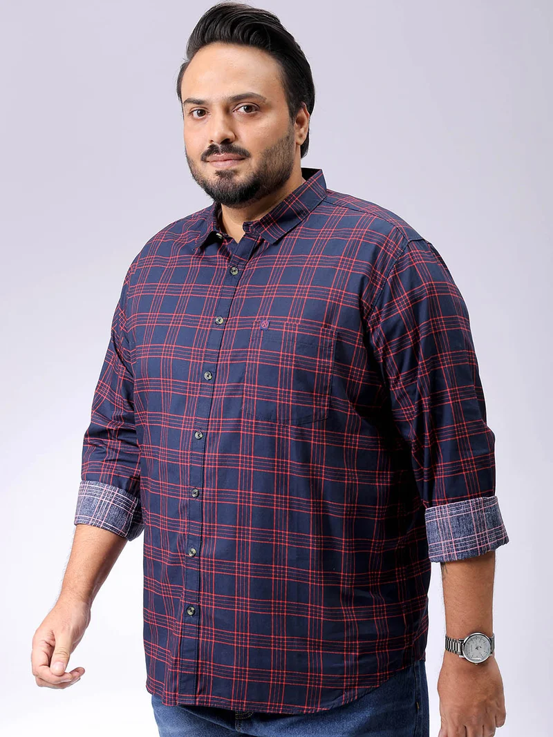 HARDSODA Men Plus Size Regular Fit Checkered Cutaway Collar Full Sleeves Casual Shirt