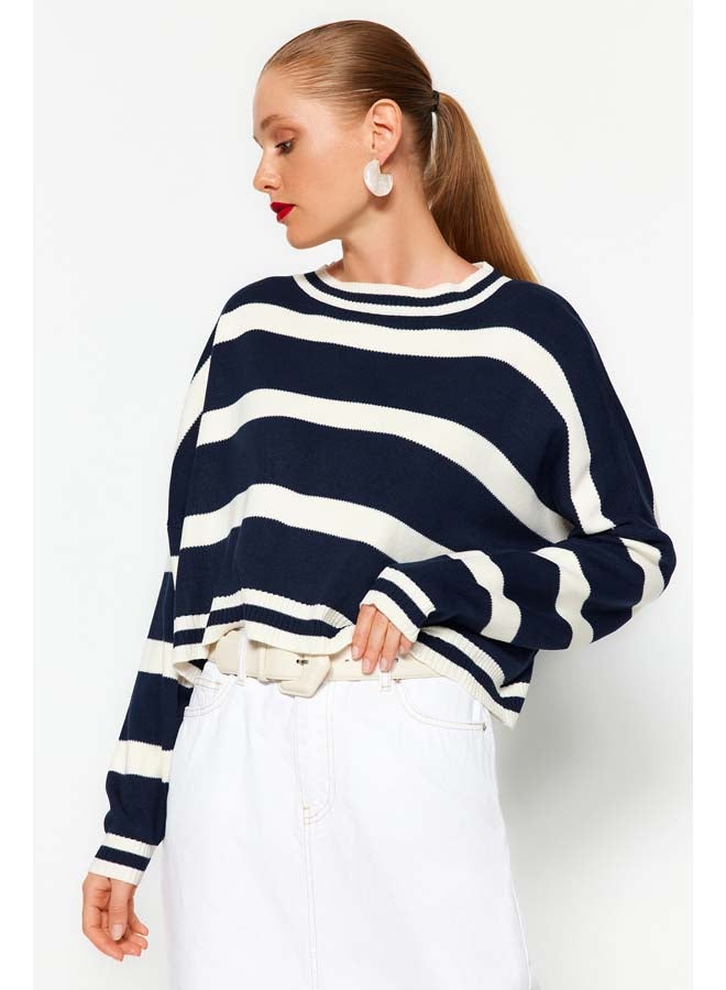 trendyol Navy Blue Crop Striped Knitwear Sweater TWOAW23KZ00205 - Image 1