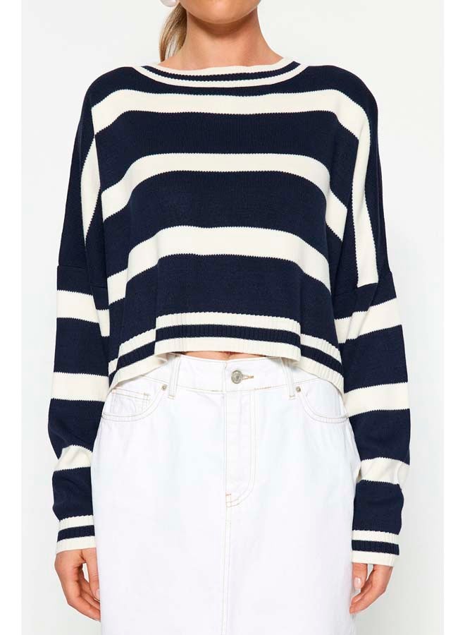 trendyol Navy Blue Crop Striped Knitwear Sweater TWOAW23KZ00205 - Image 4