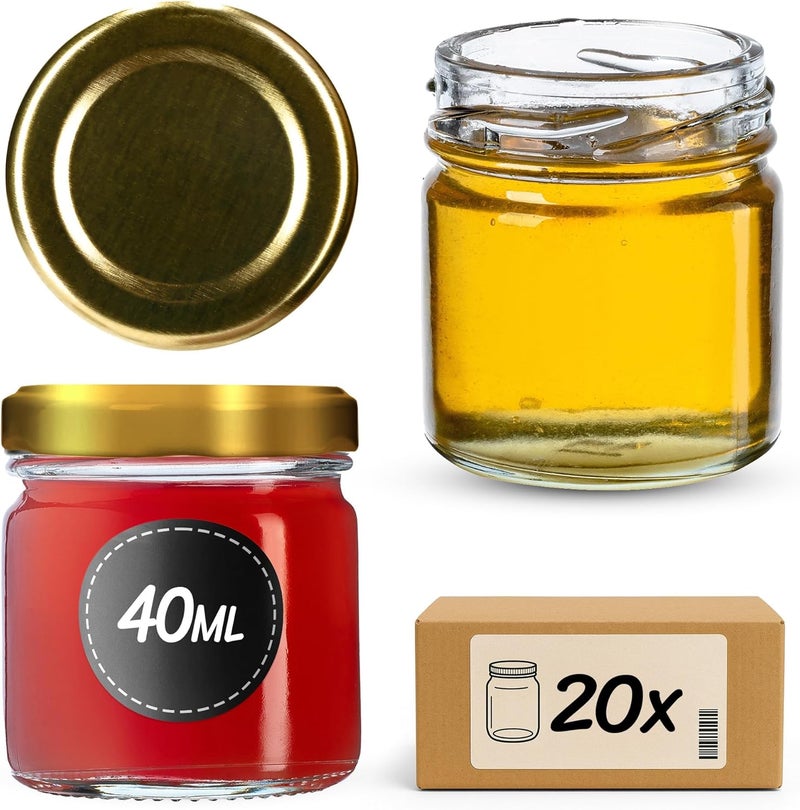 KADAX Preserving jars, 40 ml, mini preserving jars, spice jars with screw lids, jars, sample jars, jam jars, mini honey jars, round jars (20 pieces, gold lids) - Image 1