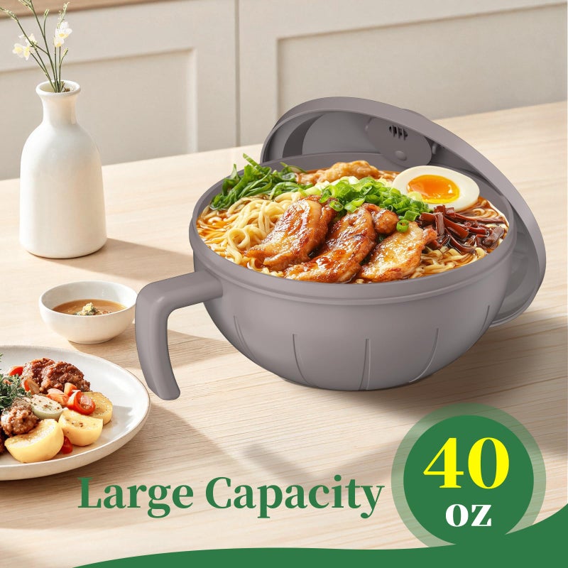 steo spce Large Ramen Bowl Set, 40 Oz Microwaveable Noodle Cooker with Leak-Proof Lids, Chopsticks, Spoon & Fork â€“ Portable and Dishwasher Safe, Ideal for Home, Office, Dorm, or Gift Light (Khaki) - Image 2