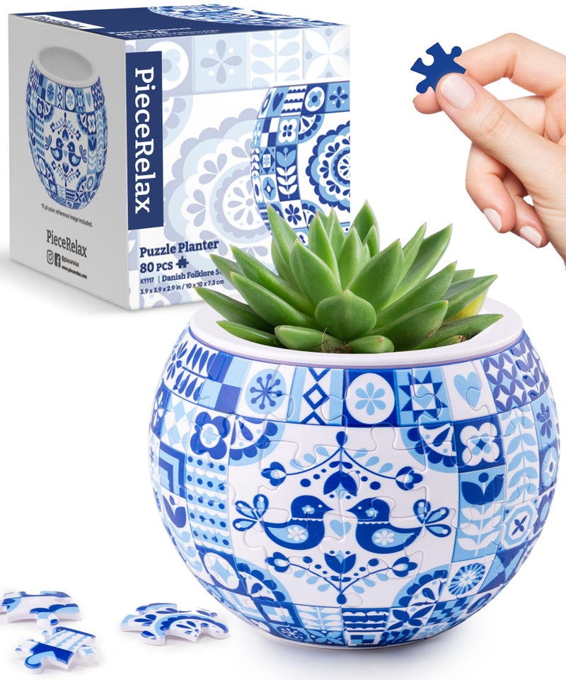 PieceRelax 3D Puzzle Planter 80 Pieces - Flower Pot - Danish Folklore Style, Home Decor Flower Pots for Indoor Cactus, Succulents Pots [K1117] - Image 1