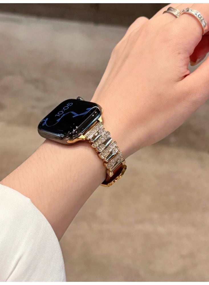 Irregular Diamond Studded Lychee Patterned Leather Watch Strap Brown Belt With Gold Buckle For Strap Only Suitable For 41mm (7th to 9th Generation) - Image 4