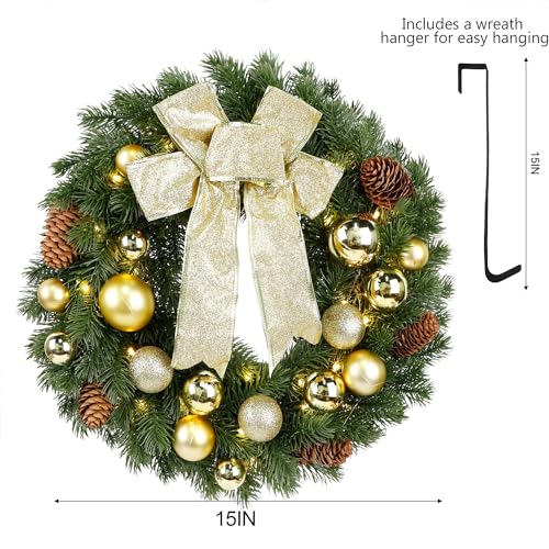Hausse Lighted Christmas Wreath with Metal Hanger, Pre-lit Xmas Wreath with Large Golden Bow & Balls, Battery Operated with 40 LEDs Lights, for Front Door Gate Wall Christmas Party Decorations - Image 3