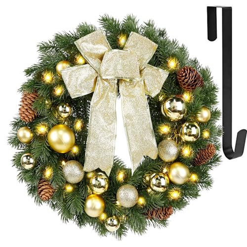 Hausse Lighted Christmas Wreath with Metal Hanger, Pre-lit Xmas Wreath with Large Golden Bow & Balls, Battery Operated with 40 LEDs Lights, for Front Door Gate Wall Christmas Party Decorations - Image 1