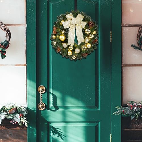 Hausse Lighted Christmas Wreath with Metal Hanger, Pre-lit Xmas Wreath with Large Golden Bow & Balls, Battery Operated with 40 LEDs Lights, for Front Door Gate Wall Christmas Party Decorations - Image 2
