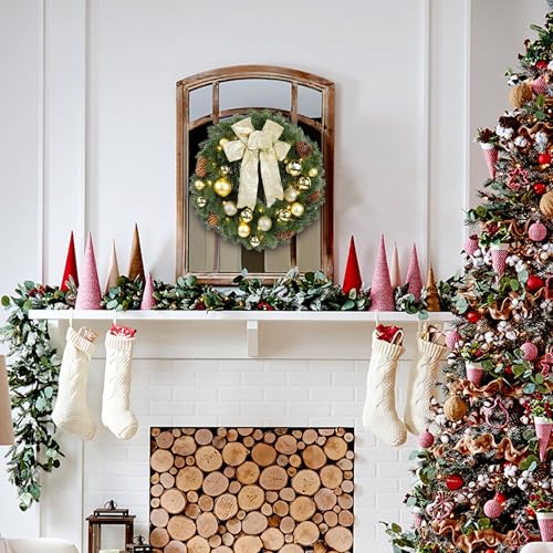Hausse Lighted Christmas Wreath with Metal Hanger, Pre-lit Xmas Wreath with Large Golden Bow & Balls, Battery Operated with 40 LEDs Lights, for Front Door Gate Wall Christmas Party Decorations - Image 5