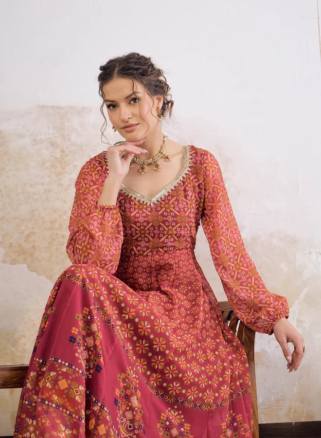 SASSAFRAS SASSAFRAS Maroon Floral Print Sweetheart Neck Anarkali Kurta