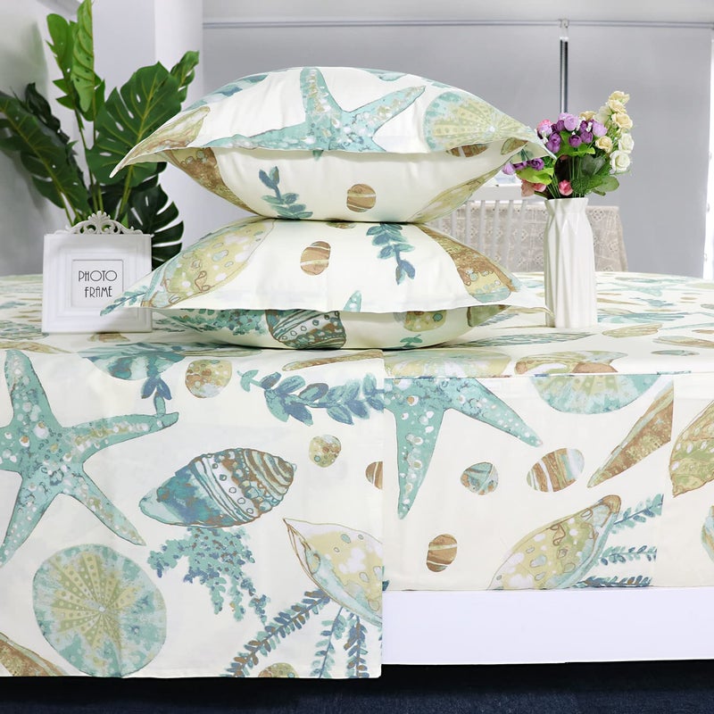 FADFAY Sheet Set Twin XL Beach Themed Bedding Sets 100 Cotton Super Soft Hypoallergenic Coastal Bedding White Teal Nautical Bedding with Deep Pocket Fitted Sheet 4Pieces Twin Extra Long Size