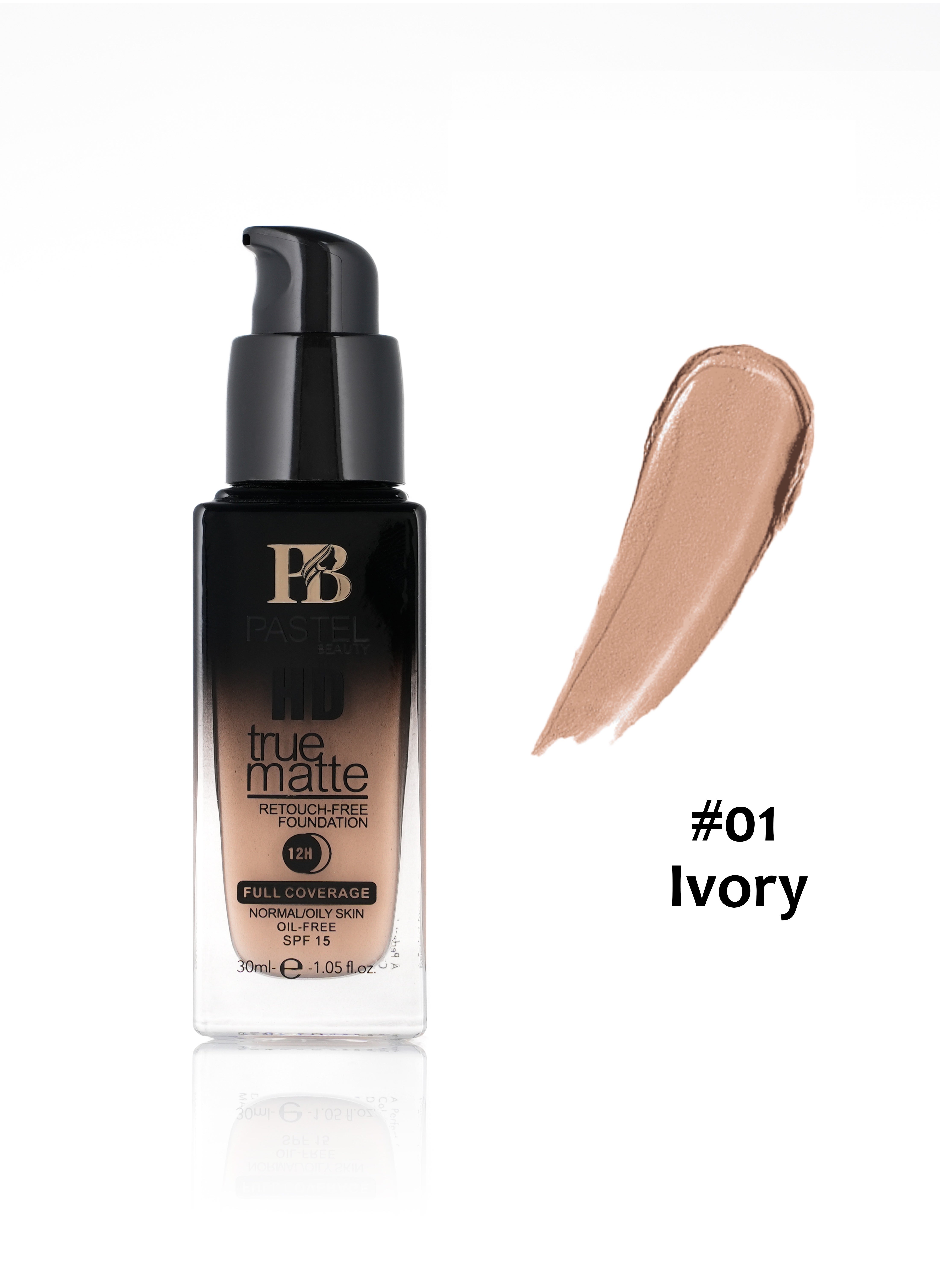 Pastel Beauty HD True Matte IVORY Retouch Free Foundation Full Coverage Normal And Oily Skin Oil Free SPF 15 30ml-e-1.05fl.oz. 