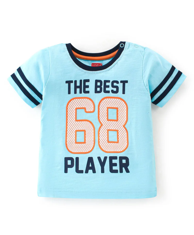 babyhug Babyhug Single Jersey Knit Half Sleeves T-Shirt And Denim Shorts Set Text Print - Blue