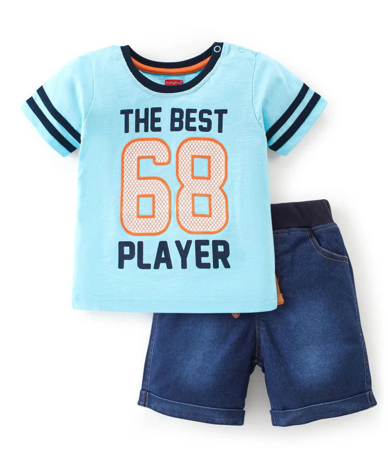 babyhug Babyhug Single Jersey Knit Half Sleeves T-Shirt And Denim Shorts Set Text Print - Blue