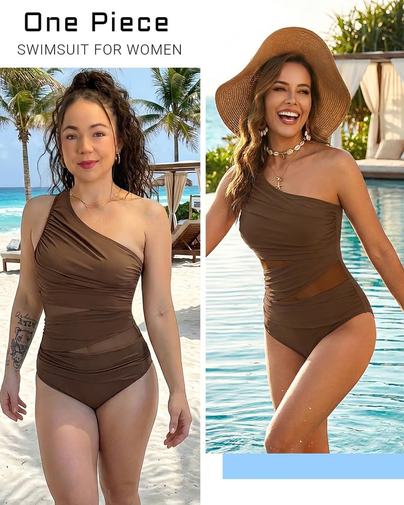 Aqua Eve Women Mesh One Piece Swimsuit - Tummy Control One Shoulder Bathing Suit Cut Out Swimwear 2026 Brown Large - Image 4