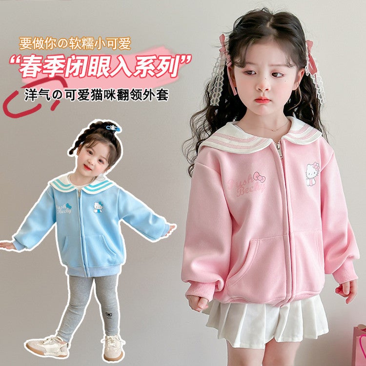 Girls Coat Cat Navy Collar Coat Sweet Cute Laps Cartoon Top Coat - Image 4
