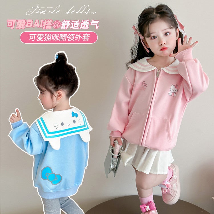 Girls Coat Cat Navy Collar Coat Sweet Cute Laps Cartoon Top Coat - Image 2