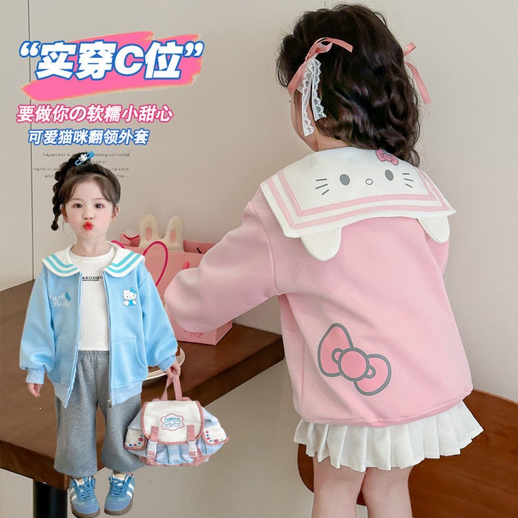 Girls Coat Cat Navy Collar Coat Sweet Cute Laps Cartoon Top Coat - Image 5