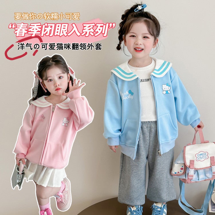 Girls Coat Cat Navy Collar Coat Sweet Cute Laps Cartoon Top Coat - Image 3