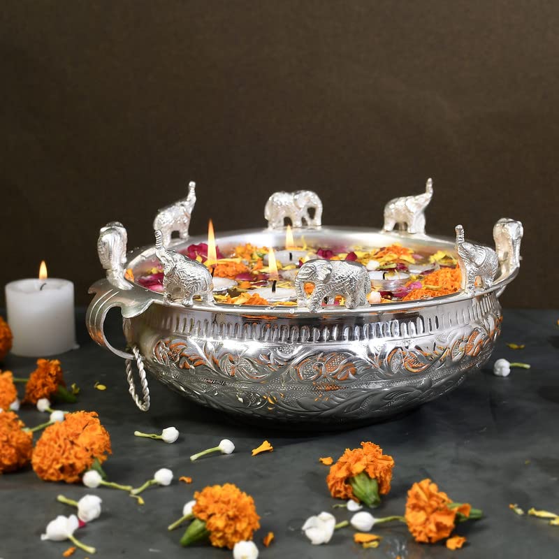 JAIPUR ACE JAIPUR ACE Decorative Running Elephant Pure Brass Silver Plated Urli with Handle l Decorative Diya Lighting l Ideal for Gifting Pooja and Decoration Weight13 Kg10 Diameter 55 Height - Image 1