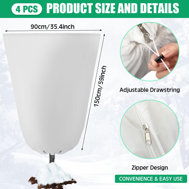 Vincreem 4 Pcs Plant Covers Freeze Protection 35.4" x 59" Winter Frost Blankets for Outdoor Plants with Zipper Drawstring Frost Cloth Freeze Covers Warm Shrub Jacket for Fruit Tree Potted(White) - Image 2