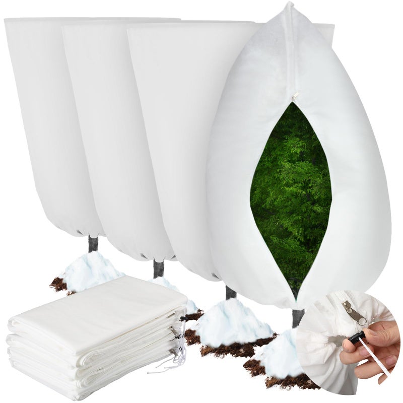 Vincreem 4 Pcs Plant Covers Freeze Protection 35.4" x 59" Winter Frost Blankets for Outdoor Plants with Zipper Drawstring Frost Cloth Freeze Covers Warm Shrub Jacket for Fruit Tree Potted(White) - Image 1