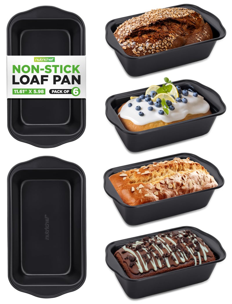 NutriChef Loaf Pans Set of 6 | Non-Stick Premium Bread Pans Quick & Even Heat Distribution | Oven Safe To 450 F | No PFOA, PFOS & PTFE | Food Grade Carbon Steel | 11.61 x 5.98 x 2.56 Inches (Black) - Image 1
