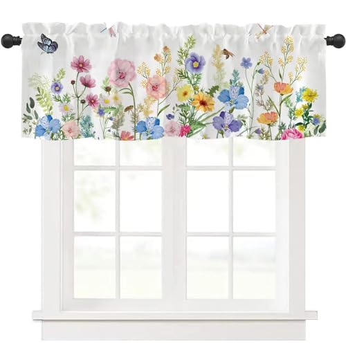 Mightree Kitchen Curtains Valances, Rod Pocket Valances for Windows, Small Window Treatment Valances for Window, Living Room, Bedroom, Bathroom, 1 Panel, 54" W x 18" L, Wild Flower - Image 1