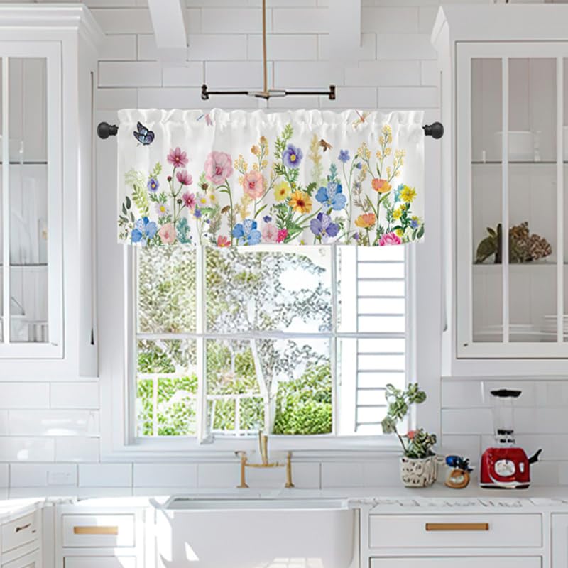 Mightree Kitchen Curtains Valances, Rod Pocket Valances for Windows, Small Window Treatment Valances for Window, Living Room, Bedroom, Bathroom, 1 Panel, 54" W x 18" L, Wild Flower - Image 4