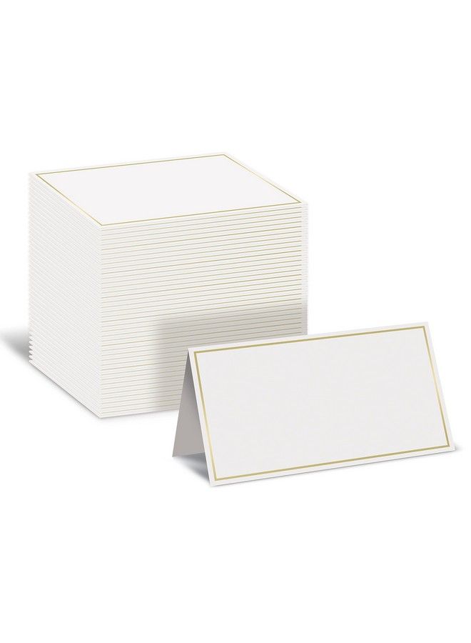 Better Office Products 100 Pack Gold Metallic Border Place Cards 2 X 3.5 In Folded Table Tent Cards For Weddings Dinner Parties Buffet Banquets By Better Office Products (White)  - Image 1