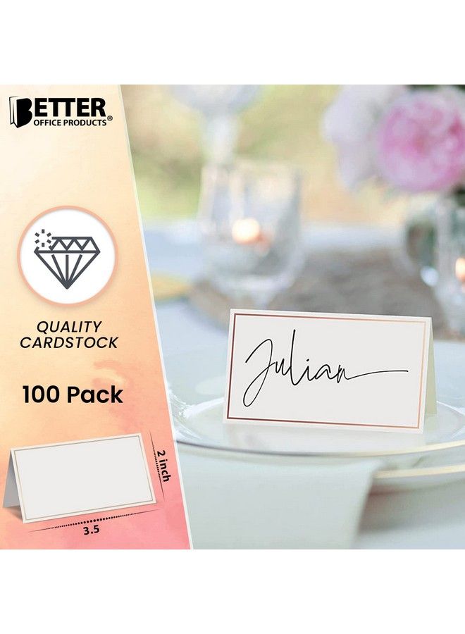 Better Office Products 100 Pack Gold Metallic Border Place Cards 2 X 3.5 In Folded Table Tent Cards For Weddings Dinner Parties Buffet Banquets By Better Office Products (White)  - Image 3