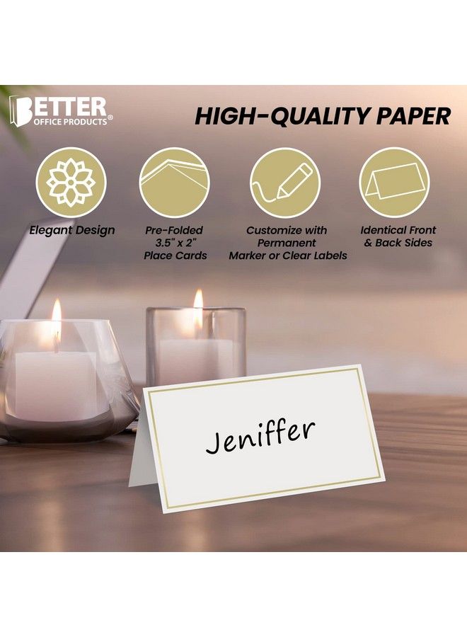 Better Office Products 100 Pack Gold Metallic Border Place Cards 2 X 3.5 In Folded Table Tent Cards For Weddings Dinner Parties Buffet Banquets By Better Office Products (White)  - Image 4
