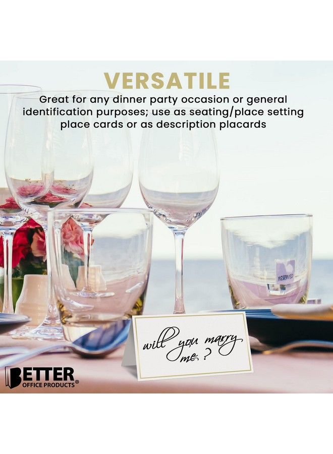 Better Office Products 100 Pack Gold Metallic Border Place Cards 2 X 3.5 In Folded Table Tent Cards For Weddings Dinner Parties Buffet Banquets By Better Office Products (White)  - Image 5