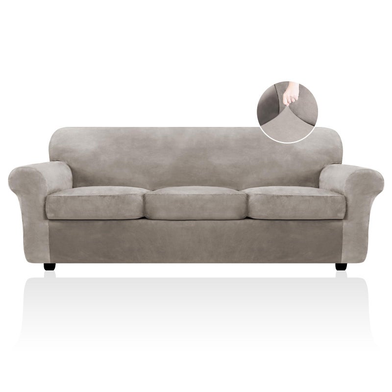 FestiCorp FestiCorp Velvet Sofa Covers for 3 Seat Cushion Couch Sofa Slipcovers Stretch 4 Piece Couch Cover Thick Furniture Covers for Dogs Pets Oversized Sofa Taupe 