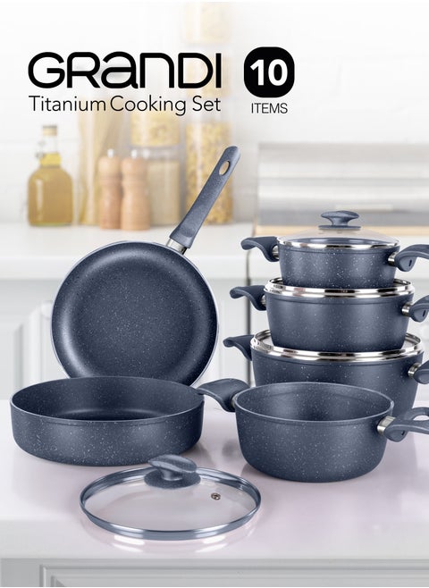 Granite Coated Pots And Pans Cookware Set With Non-Stick Surfaces, Bakelite Handles,  Pyrex  Lids, PFOA Free, Titanium 10-Piece Set - gray