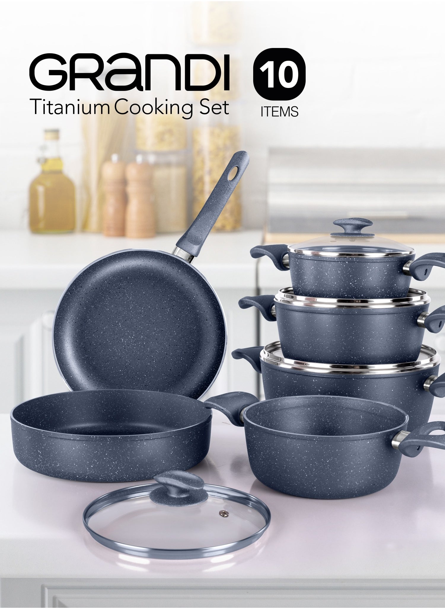 Granite Coated Pots And Pans Cookware Set With Non-Stick Surfaces, Bakelite Handles,  Pyrex Lid, PFOA Free, Titanium 10-Piece Set - gray 