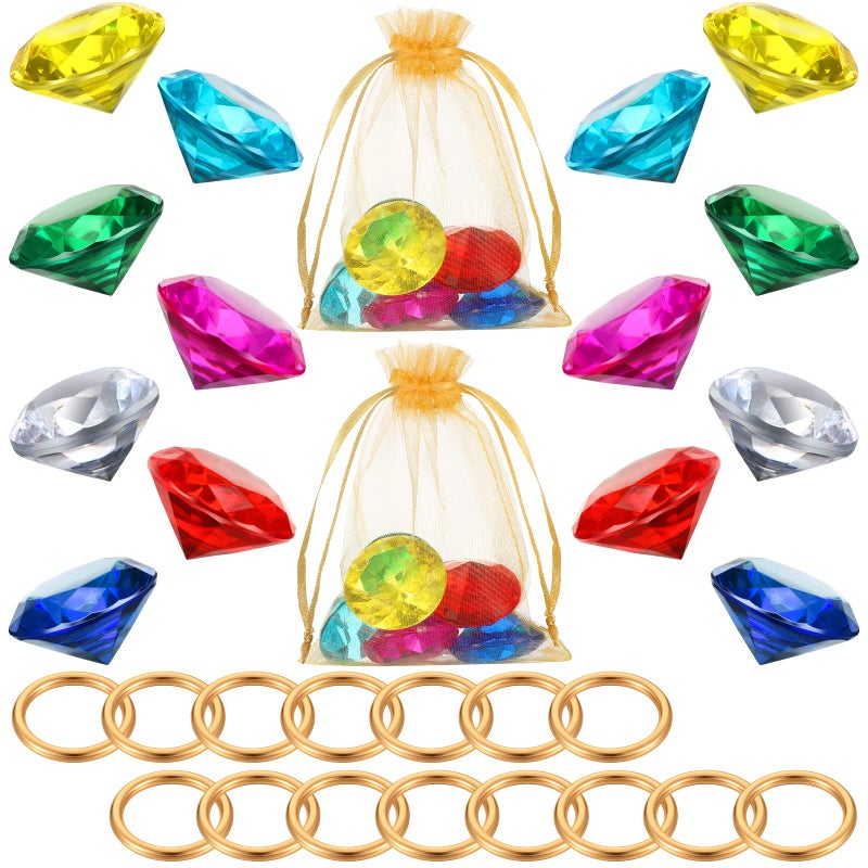 Chalyna 45 Pcs Gold Round Ring Set Acrylic Diamond Gem Jewelry Alloy Party Favor Pirate Treasure Hunting Cake Decoration with Gift BagFresh Style
