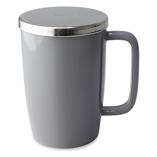 FORLIFE Dew Glossy Finish Brew-In-Mug with Basket Infuser & "Mirror" Stainless Lid 18 oz., Gray - Image 1