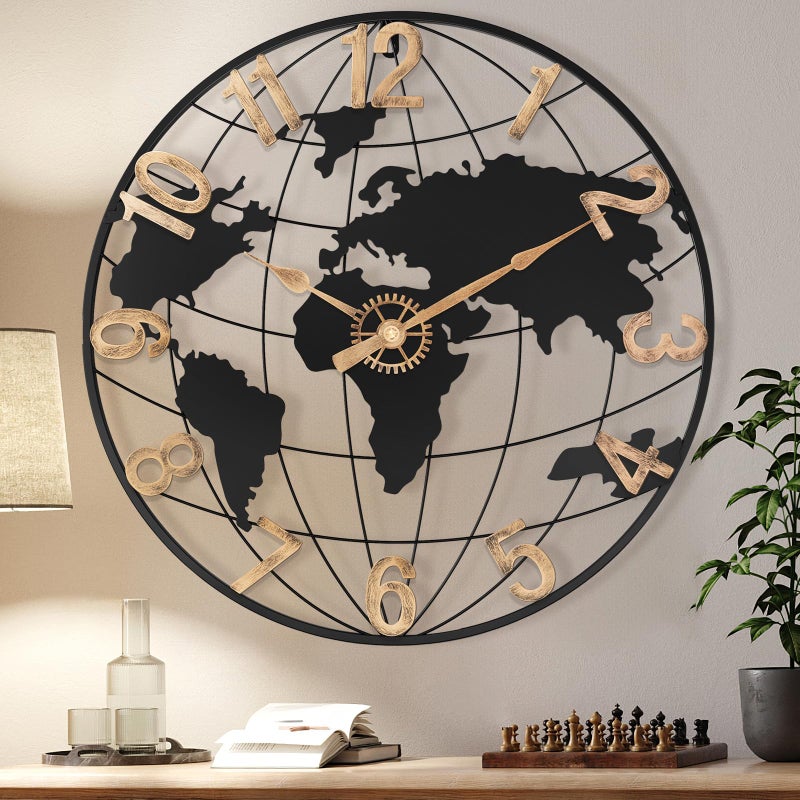 Pytha Sight 24 Inch Large Wall Clock for Living Room DecorBig Modern Decorative Silent Metal World Map Wall Clock with Vintage Gold Arabic Numeral for OfficeLiving RoomKitchenDining Room