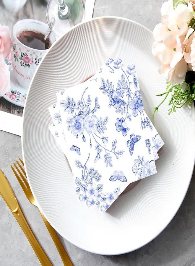 HSPAIDYP 100 Pack Floral Napkins Blue White Floral Cocktail Napkins Blue White Floral Paper Napkins Blue Flower Napkins for Bridal Baby Shower Tea Party Blue White Floral Birthday Party Supplies Decor - Image 2