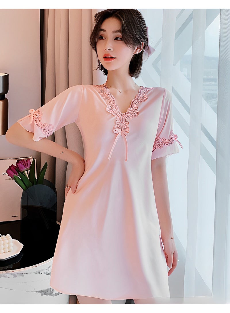 REOCLE Women's Satin Nightgown Sleepwear V Neck Satin Lace Chemise Nightgown Ice Silk Short Sleeve Nightshirt - Image 3