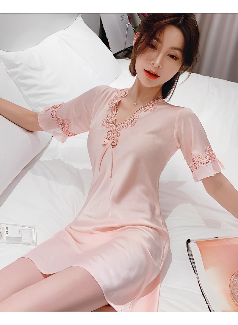 REOCLE Women's Satin Nightgown Sleepwear V Neck Satin Lace Chemise Nightgown Ice Silk Short Sleeve Nightshirt - Image 5