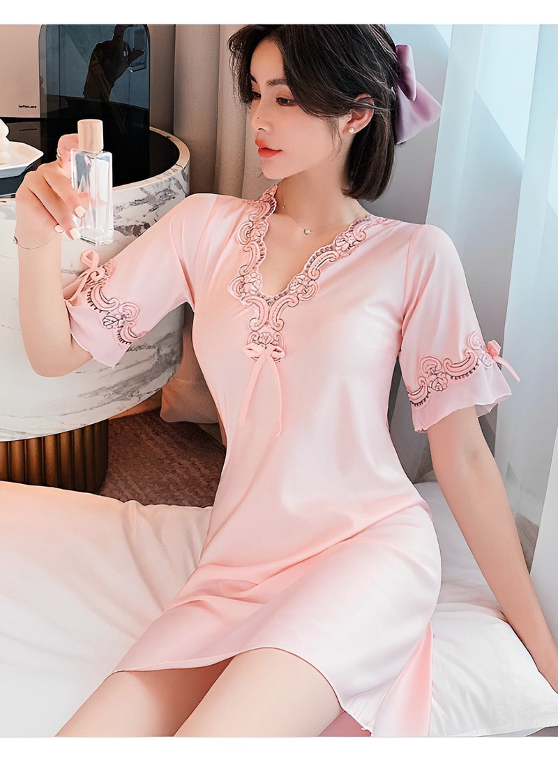 REOCLE Women's Satin Nightgown Sleepwear V Neck Satin Lace Chemise Nightgown Ice Silk Short Sleeve Nightshirt - Image 4