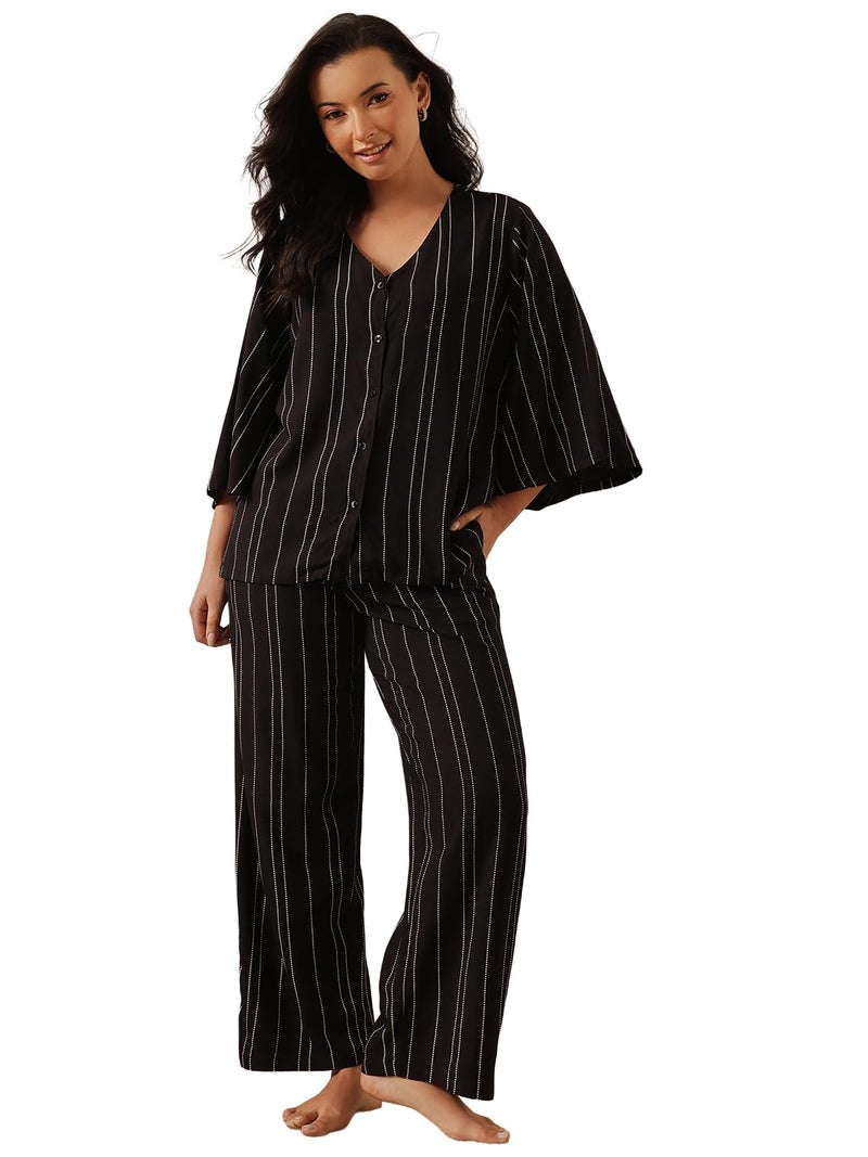 Clovia Women's Rayon Stripe Printed Button Top & Pyjama Set (LS0538A13_Black_S) - Image 1