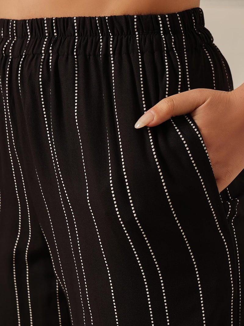 Clovia Women's Rayon Stripe Printed Button Top & Pyjama Set (LS0538A13_Black_S) - Image 3