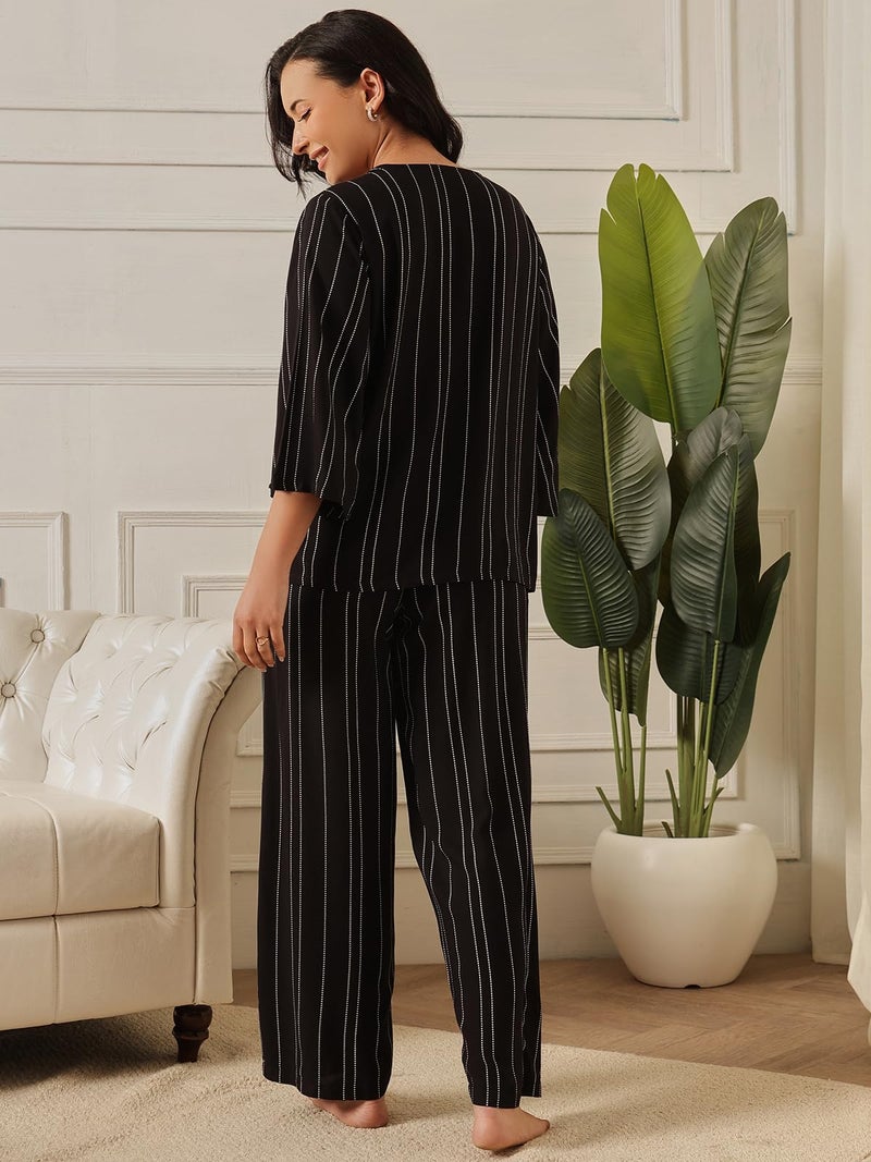 Clovia Women's Rayon Stripe Printed Button Top & Pyjama Set (LS0538A13_Black_S) - Image 2