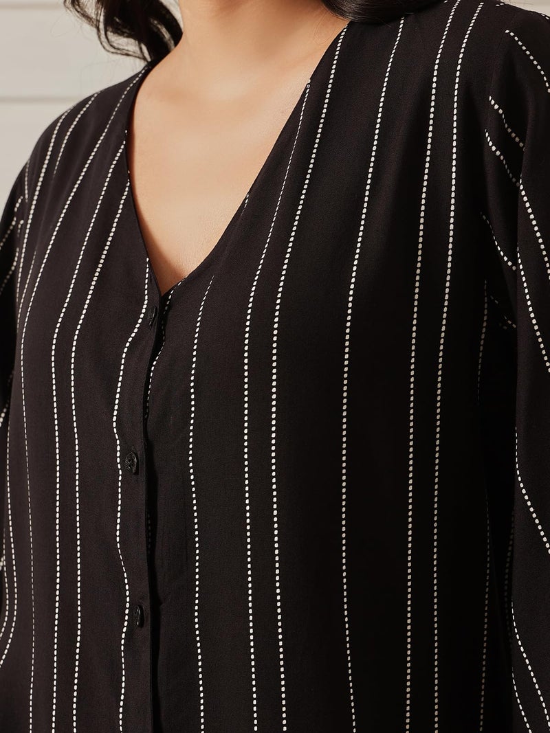 Clovia Women's Rayon Stripe Printed Button Top & Pyjama Set (LS0538A13_Black_S) - Image 4