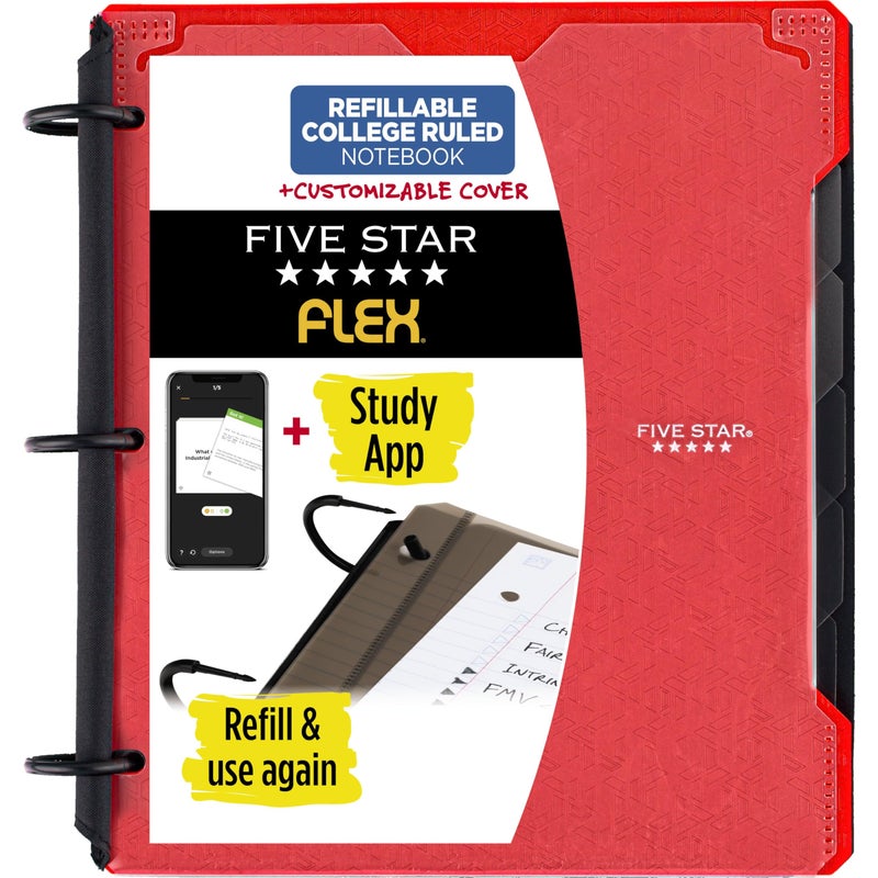 Five Star Flex Refillable Notebook Study App College Ruled Paper and 1 Inch TechLock Ring Binder with Customizable Cover Pockets Tabs and Dividers 200 Sheet Capacity Fire Red 29326AB2